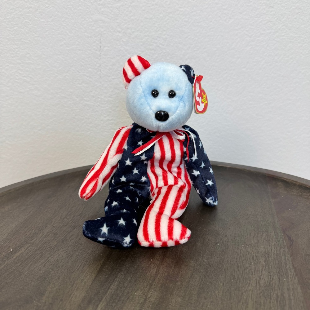 Ty‎ Beanie Baby Spangle Bear Blue Face Stars Stripes Plush Toy Collectible